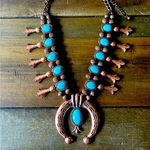 Vintage Squash Blossom faux turquoise necklace copper tone metal